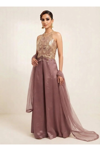 VİNY Women's Purple Halter Neck Embellished Ethnic Top & Palazzo Set
