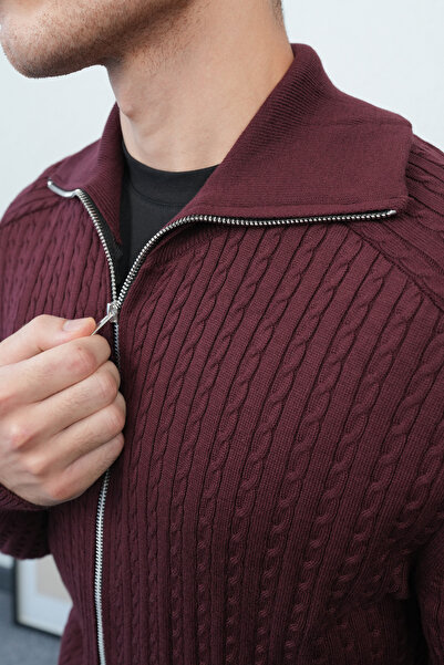 İLKCET MODA Saç Örgü Bordo Geniş Yaka Çift Fermuarlı Premium Hırka
