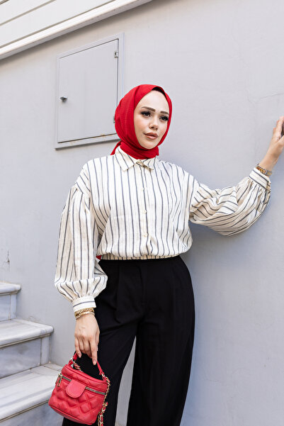 honeyed قميص أرفين بريميوم من قماش الليوسل المطوي والمطاطي بأكمام بالون وخطوط...