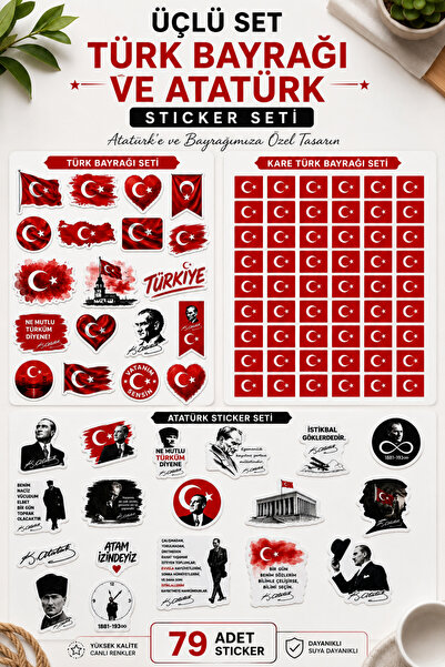 ERT PRİNT STUDİO Üçlü Türk Bayrağı ve Atatürk Sticker Seti 79 Adet –