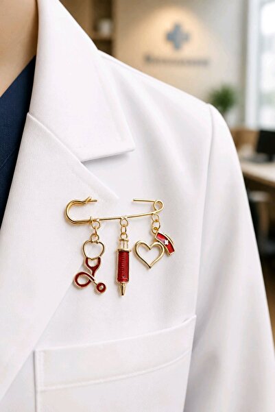 mosmoda Kırmızı Doktor Steteskop Broş, Yaka Broşu, Çanta Broşu