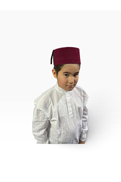 beyzade kostüm White Cotton Judge Collar Shirt and Burgundy Fes Children's Set