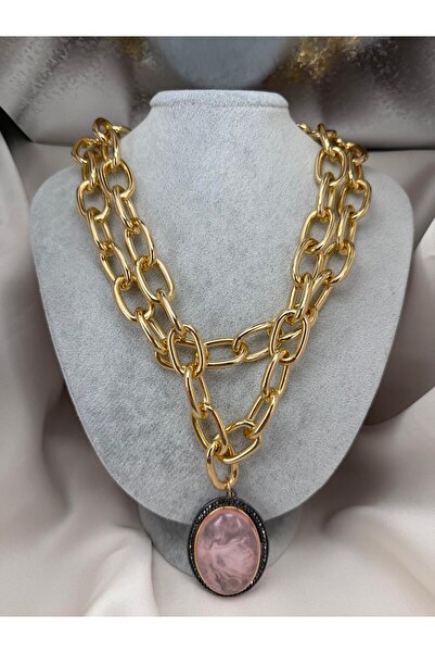 ZS Aksesuar Gold Thick Chain Necklace – Pink Oval Stone Detailed Multi-Row Gl...