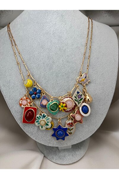 ZS Aksesuar Renkli Çiçekli Charm Kolye – Gold Zincirli Çoklu Figürlü Vintage ...