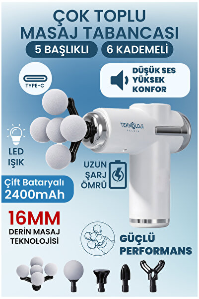 Teknoloji Gelsin Masaj Tabancası 6 Kademeli 5 Başlı Yeni Nesil Titreşimli Şar...