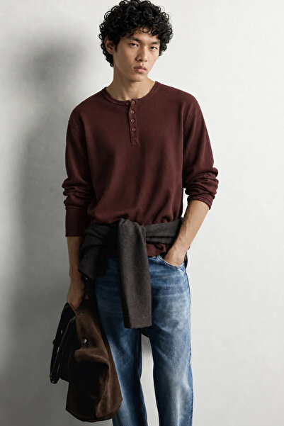 no7man Shale - Burgundy - Crew Neck Long Sleeve - 100% Cotton - Collar Button...