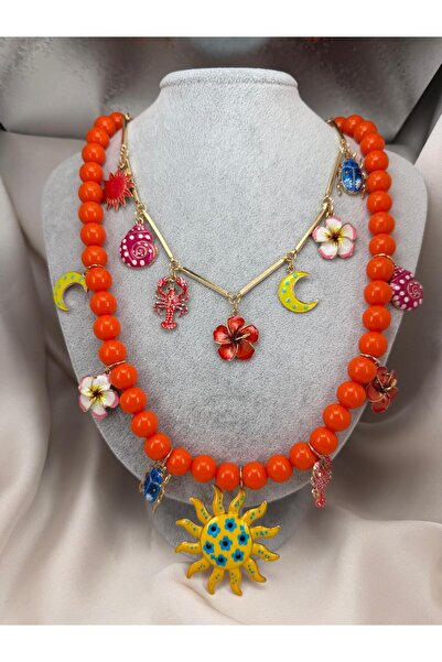 ZS Aksesuar Orange Beaded Multi-Charm Necklace – Colorful Bohemian Women's Ne...