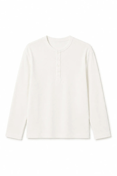 no7man Shale - White - Crew Neck Long Sleeve - 100% Cotton - Collar Buttoned Men's Tshirt