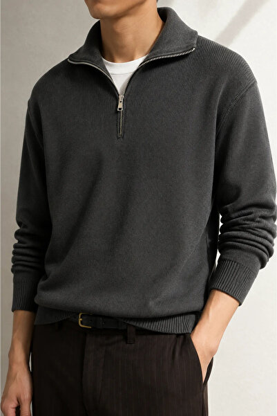no7man Orlo - Anthracite - Cotton Half-Zip - High-Neck Men's Sweater