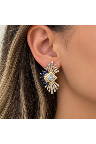 ANKA JEWELLRY KADIN GOLD LACİVERT TAŞLI GEOMETRİK IŞILTILI KÜPE