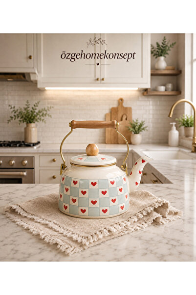 özgehomekonsept 2,5 Litre Ahşap Kulplu, kalpli Emaye Demlik – Nostaljik & Şık...