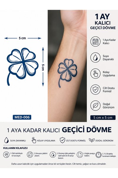 medink tattoo 1 Ay Kalıcı 24 Saat Sonra Kararan 5X5 cm minimal Yonca çiçek mo...