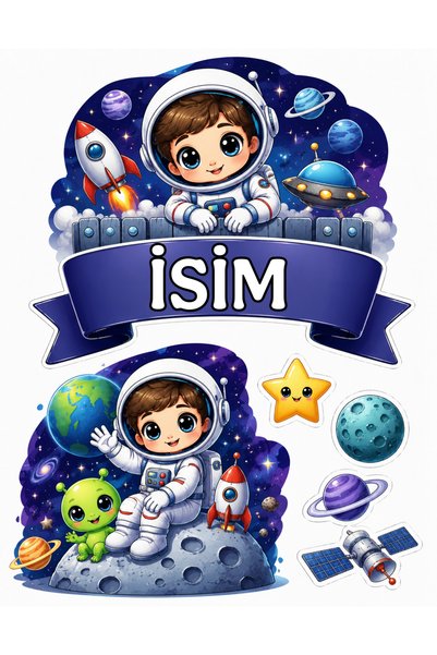 telaşe memuru İSİMLİ - Uzay Astronot Temalı Yenilebilir Pasta Süsü - İş Makin...