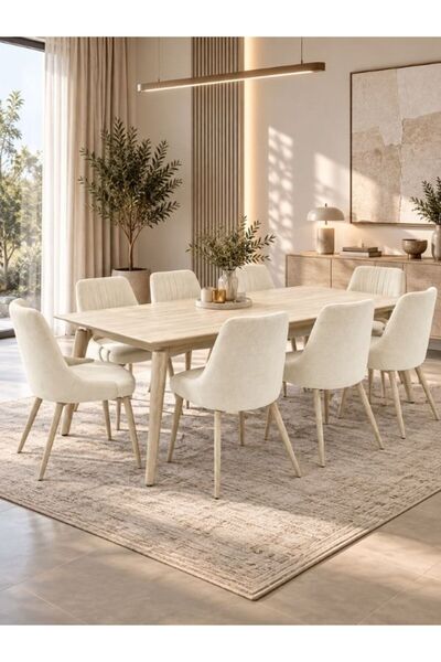 Generic Brand Royal Marble Dining Table Set 8 Chairs -Beige