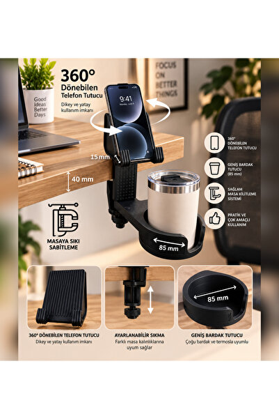 TrendClicker Masa Kenarı Telefon Tablet ve Bardak Tutucu – 360° Döner Ayarlan...