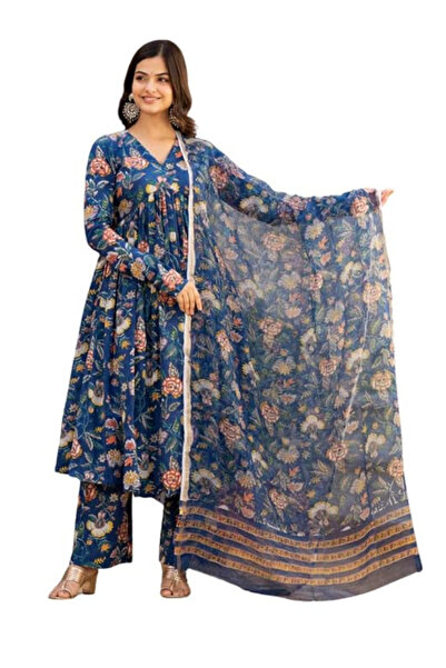 MYSMAR Navy Blue Floral Printed Three-Piece Ethnic Suit Set - AMZ2029 | Navy ...