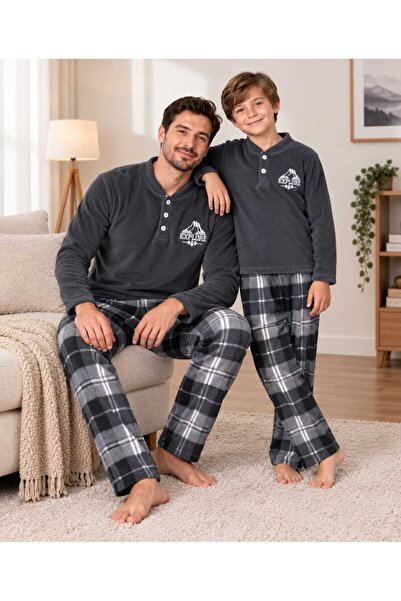 zahider Father and Son Combination Gray Color Long Sleeve Fleece Winter Pajam...