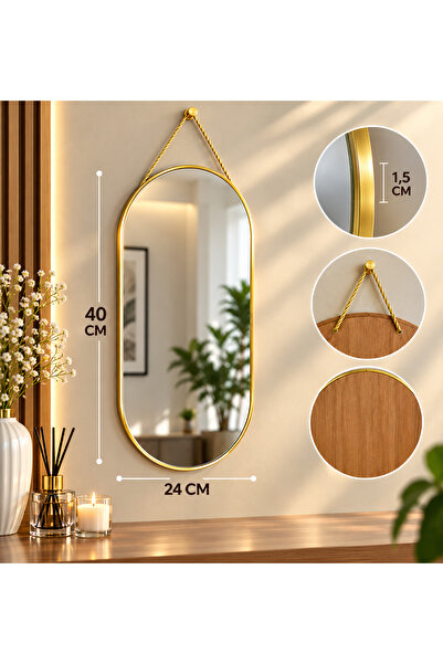 Genel Markalar 40x24 CM Gold Çerçeveli Askılı Ayna – Dekoratif Oval Duvar Aynası