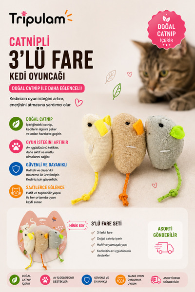 TRİPULAM Catnipli 3’lü Mini Fare Kedi Oyuncağı – Doğal Catnipli Mini Peluş Fa...