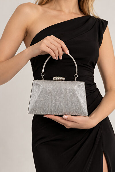 mossi Women's Silver Glitter Striped Evening Bag – Chain Strap Clutch and Por...