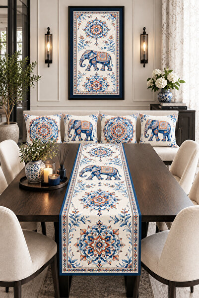 Bebişim Halı Blue Orange Elephant and Mandala 4-Piece Throw Pillow Cover Runn...