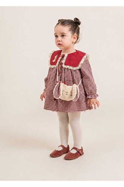 kidsense Baby Girl Rabbit Embroidered Collar Detailed Gingham Dress with Bag