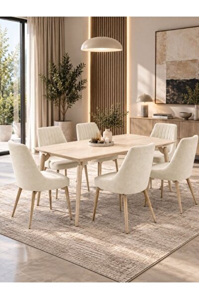 Generic Brand Royal Marble Dining Table 6 Chairs-Beige