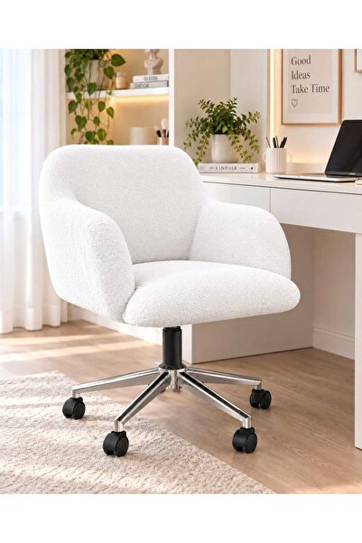 Yuems home Beyaz Peluş Kumaş Krom Ayaklı Çalışma Sandalyesi ve Ofis Koltuğu (...