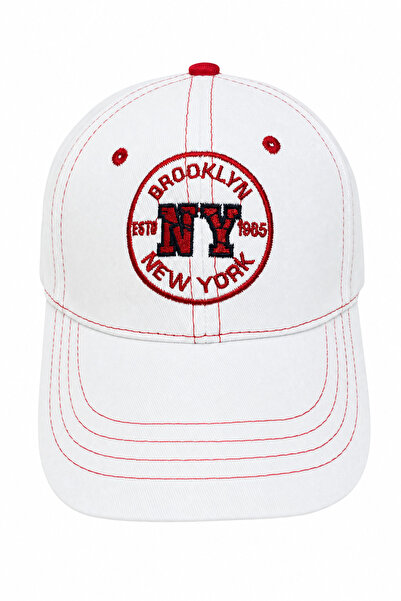 Jack Ferrero Unisex White Brooklyn Ny Embroidered Sports Cap with Red Detail