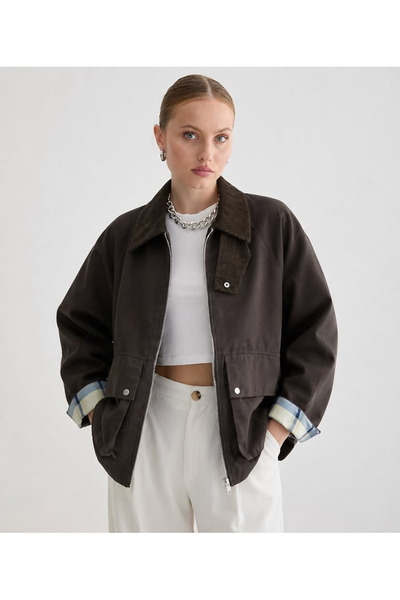 manana fashion Βελούδινο καρό παλτό με γιακά και επένδυση