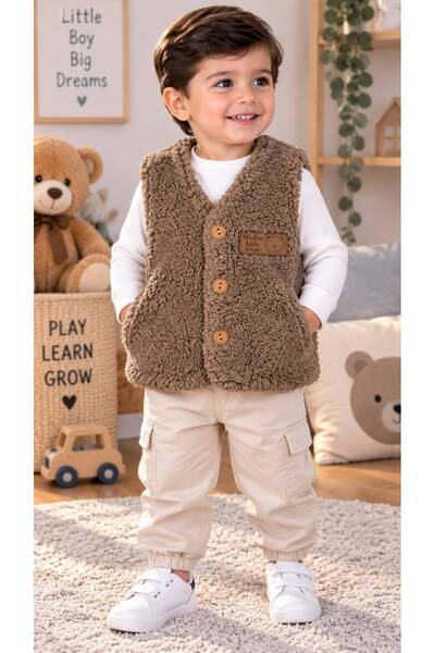 BES TREND Boy's Vest Plush Fleece with Wooden Buttons