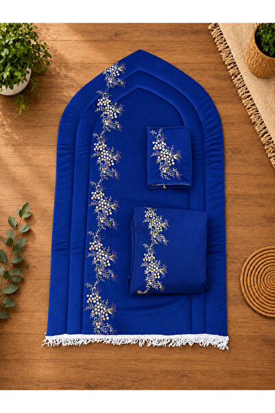 Generic Padded Royal Blue Prayer Mat with Gold Embroidery and Tassels