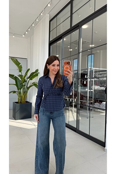 elif teke Side-Tie Square Striped Shirt Navy Blue