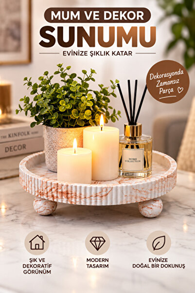 lufen deco Mermer Desenli Kahverengi Sunum Tepsisi Mumluk Saksı Altlığı Makya...
