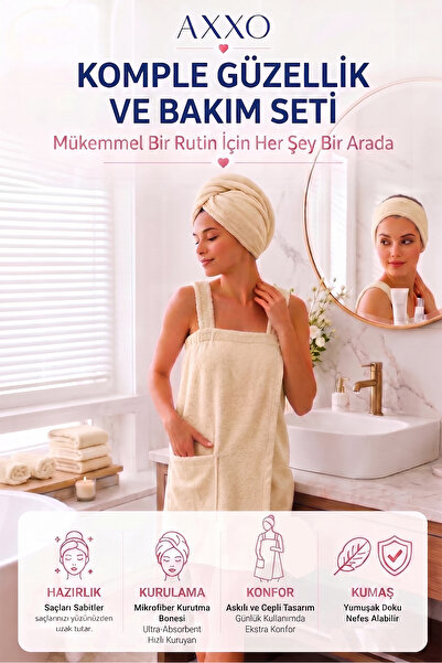 AXXO Askılı 3'lü Spa Bakım Seti - Mikrofiber Spa Havlusu, Saç Bonesi ve Saç B...