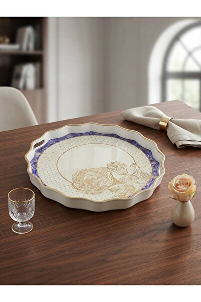 EMFA HOME White Gold Glass Tray, Rose Patterned Luxury Presentation Tray 38cm