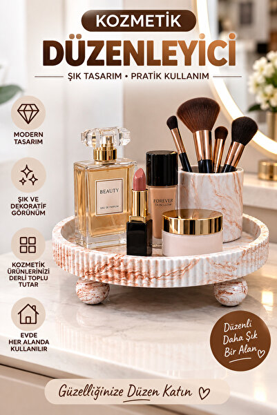 lufen deco Mermer Desenli Kahverengi Sunum Tepsisi Mumluk Saksı Altlığı Makya...