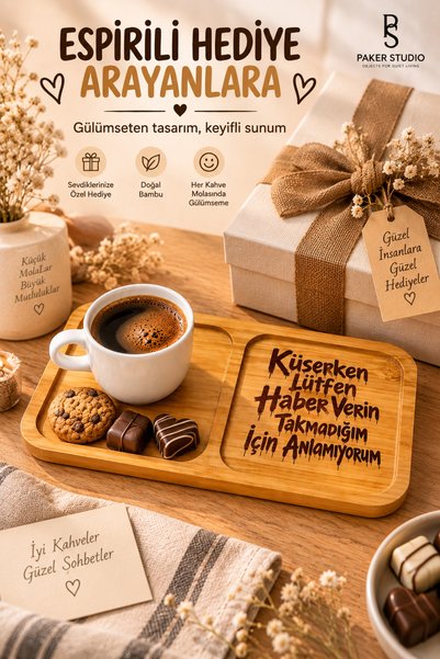 PakerStudio Küserken Please Give Notice Themed 2-Compartment Laser-Engraved Bamboo Coffee Presentation Stand