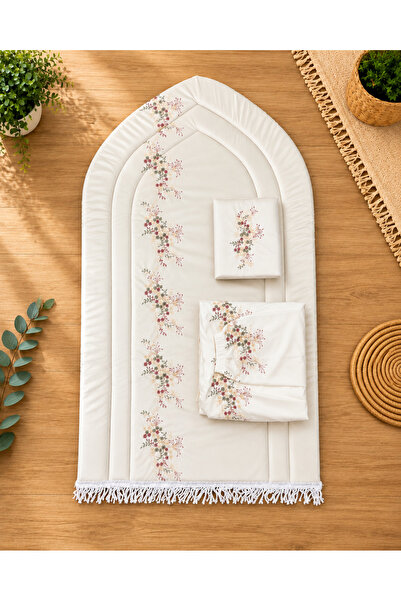 Generic طقم سجادة صلاة مبطن كريمي مزخرف بنقش زهري مع قطع مطابقة--Cream Padded...