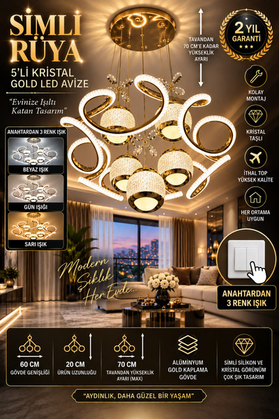 mubeda aydınlatma SİMLİ RÜYA 5’Lİ KRİSTAL TAŞLI GOLD KUMANDASIZ LED AVİZE (3 ...