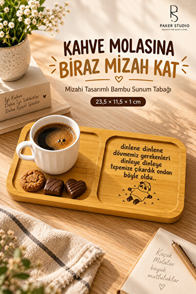 PakerStudio Mizahi Sözlü 2 Bölmeli Lazer işlemeli Bambu Kahve Sunumluğu