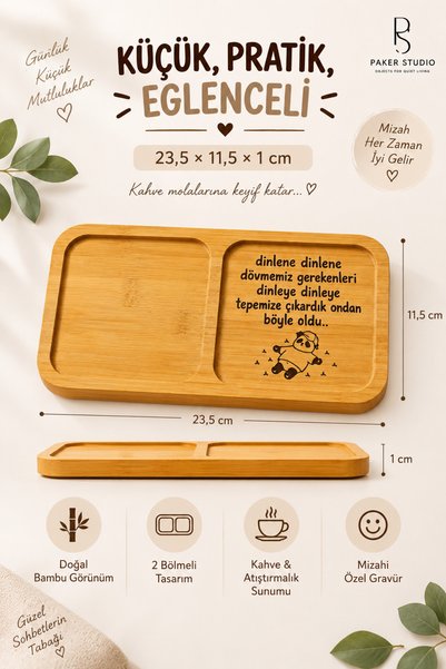 PakerStudio Humorous 2-Compartment Laser-Engraved Bamboo Coffee Presentation Tray