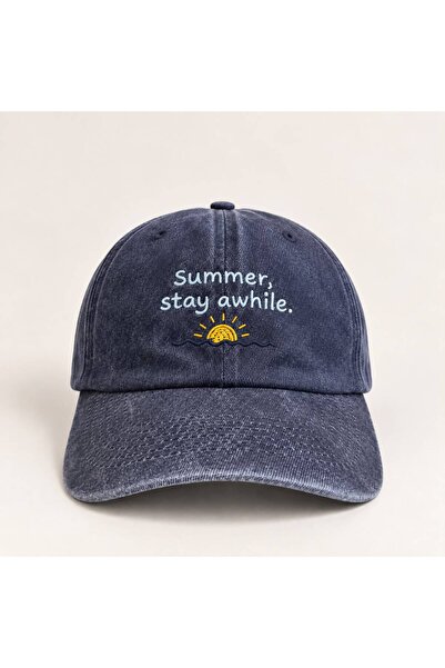 Loome Summer, Stay Awhile Nakışlı Lacivert Eskitme Unisex Şapka – Ayarlanabilir