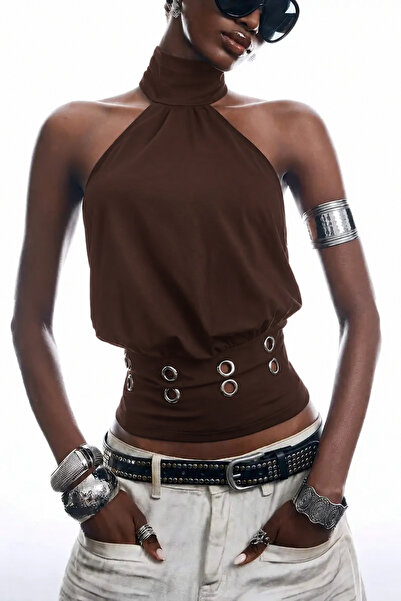 World Fashion Trends Sırtı Açık Halter Yaka Bluz - kahverengi