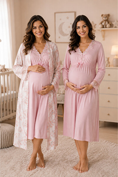 by İGP Breastfeeding Feature Cotton Long Sleeve Maternity Nightgown Set Effortt