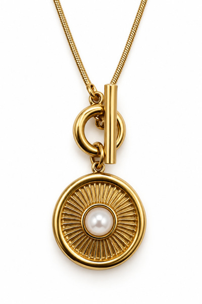 Stelle Jewelry Stainless Steel Gold Color Pearl Detailed Sun Medallion Women's Necklace 40 cm