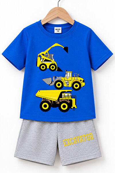 beeton Excavator Baskılı Çocuk Saks Mavi T-Shirt- Gri Şort Takım - Çocuk Yazl...