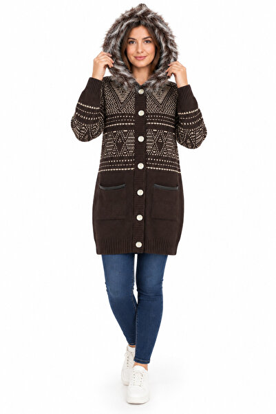 onymino Women's Plush Hooded Patterned Knitted Cardigan Brown