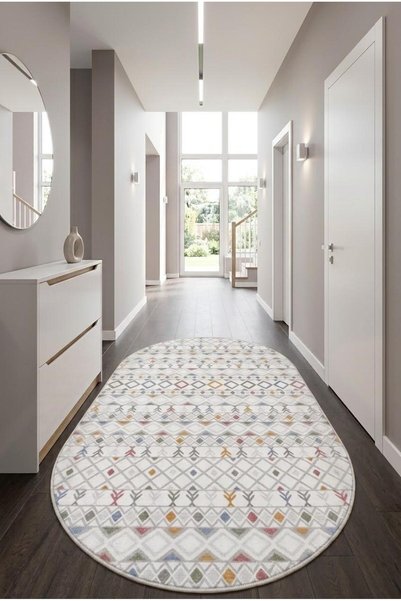 BESELY Oval Multi Renkli Desenli Kaymaz Taban Yolluk Leke Tutmaz Makinede Yık...