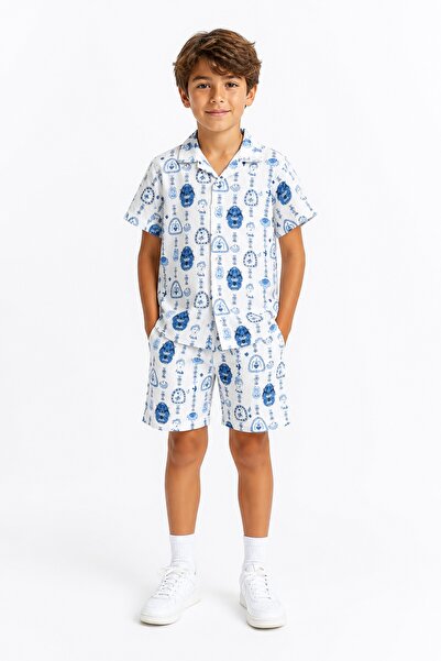erayalpkids Boy's Blue Alaçatı Shirt Shorts Set